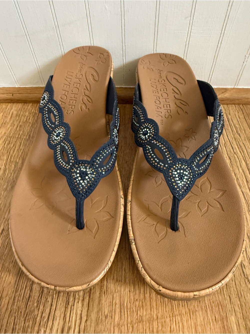 Skechers Navy Rhinestone T-Strap Cushion Sandals